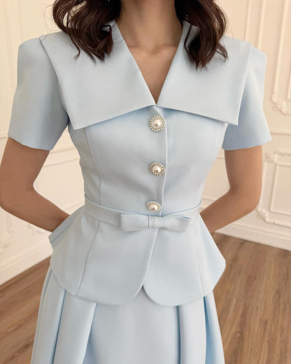 V-Neck Half Sleeve Button Bow A-Line Ankle-Length Evening Dress