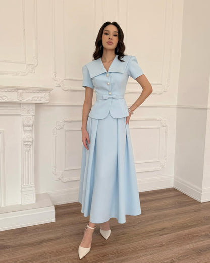 V-Neck Half Sleeve Button Bow A-Line Ankle-Length Evening Dress