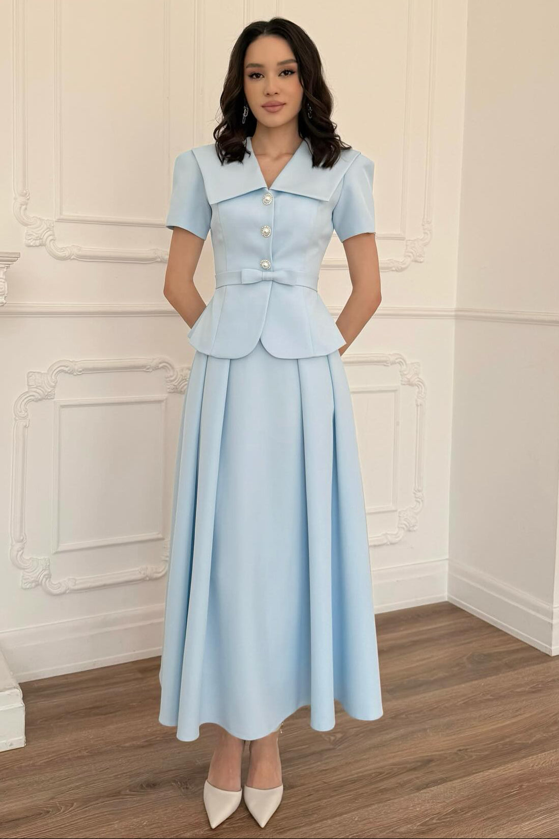 V-Neck Half Sleeve Button Bow A-Line Ankle-Length Evening Dress