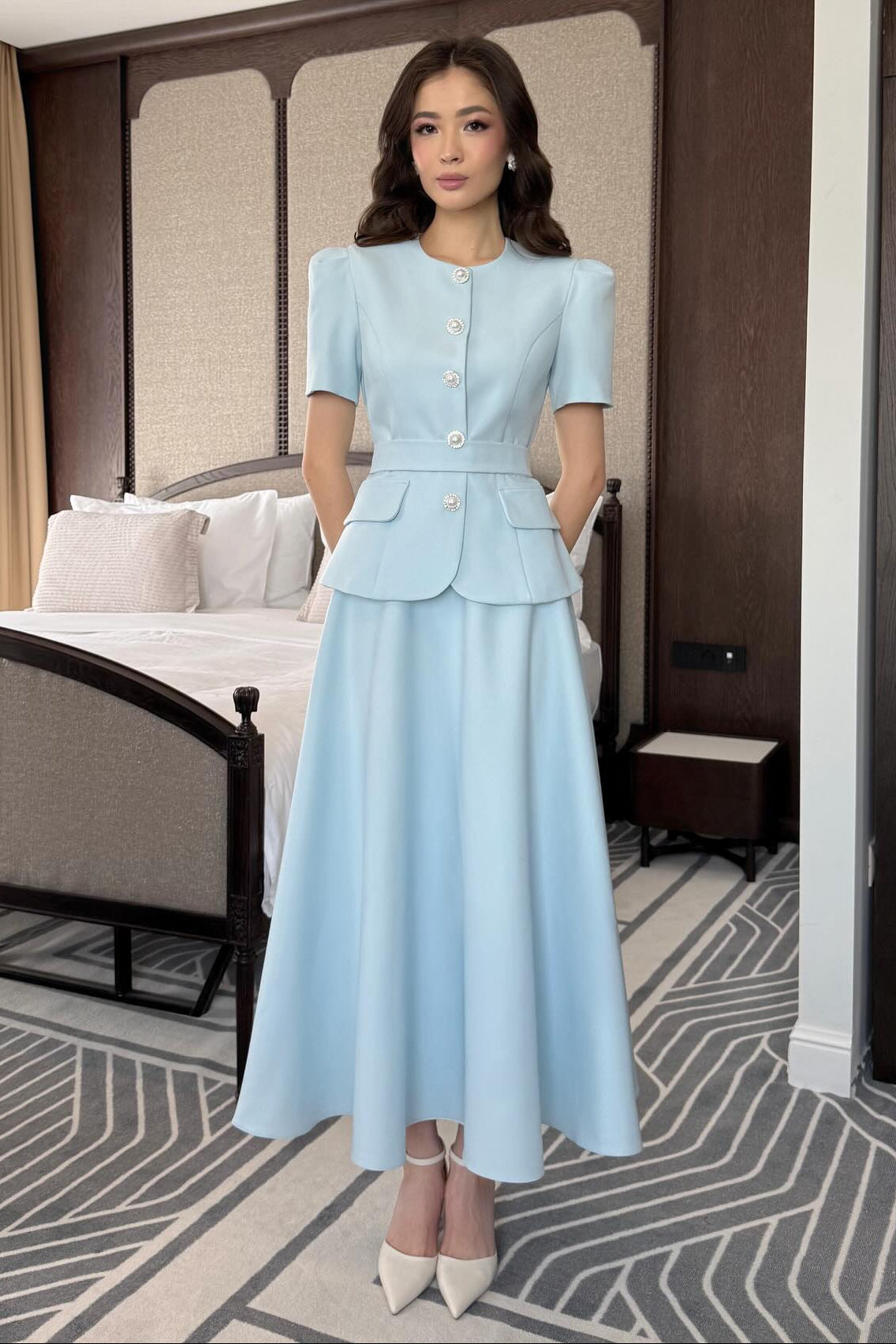 Blue Half Sleeve Button Belt A-Line Ankle-Length Evening Dress
