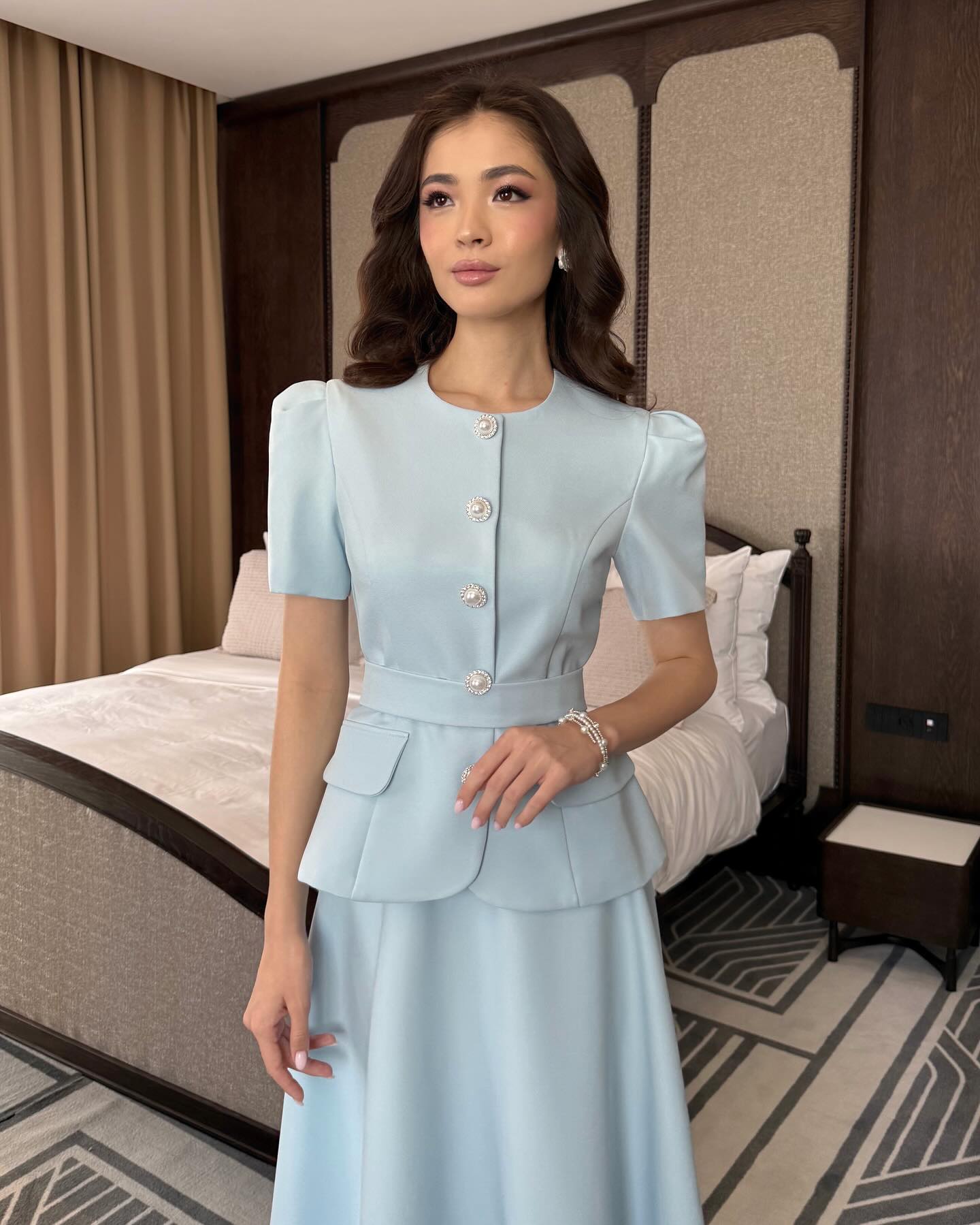 Blue Half Sleeve Button Belt A-Line Ankle-Length Evening Dress