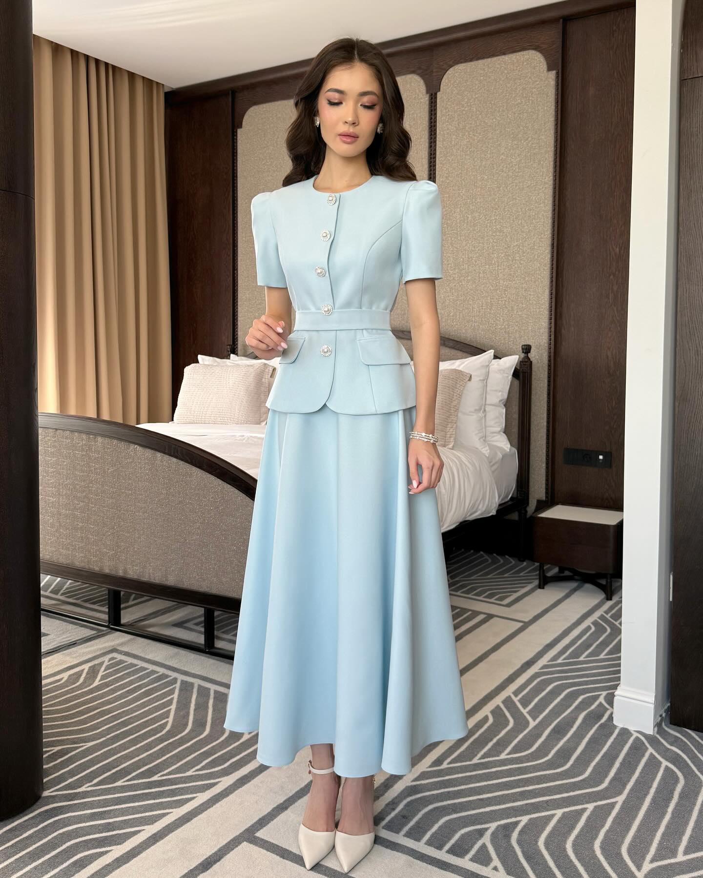 Blue Half Sleeve Button Belt A-Line Ankle-Length Evening Dress