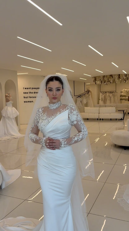 Lace Applique High Neck Long Sleeve Mermaid Wedding Dress