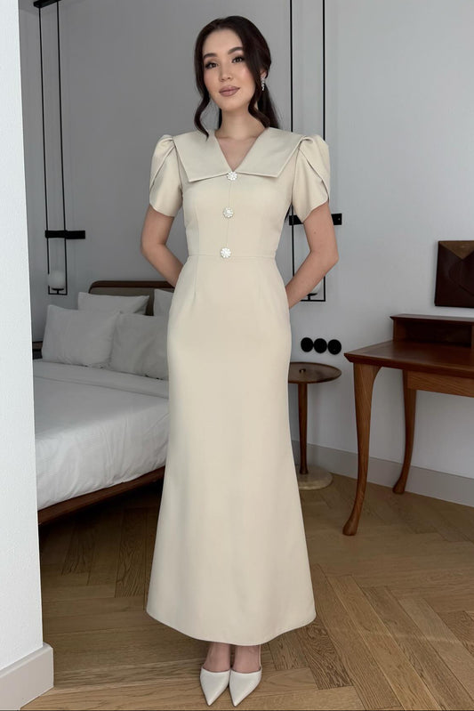 V-Neck Half Sleeve Button Mermaid Ankle-Length Evening Dress
