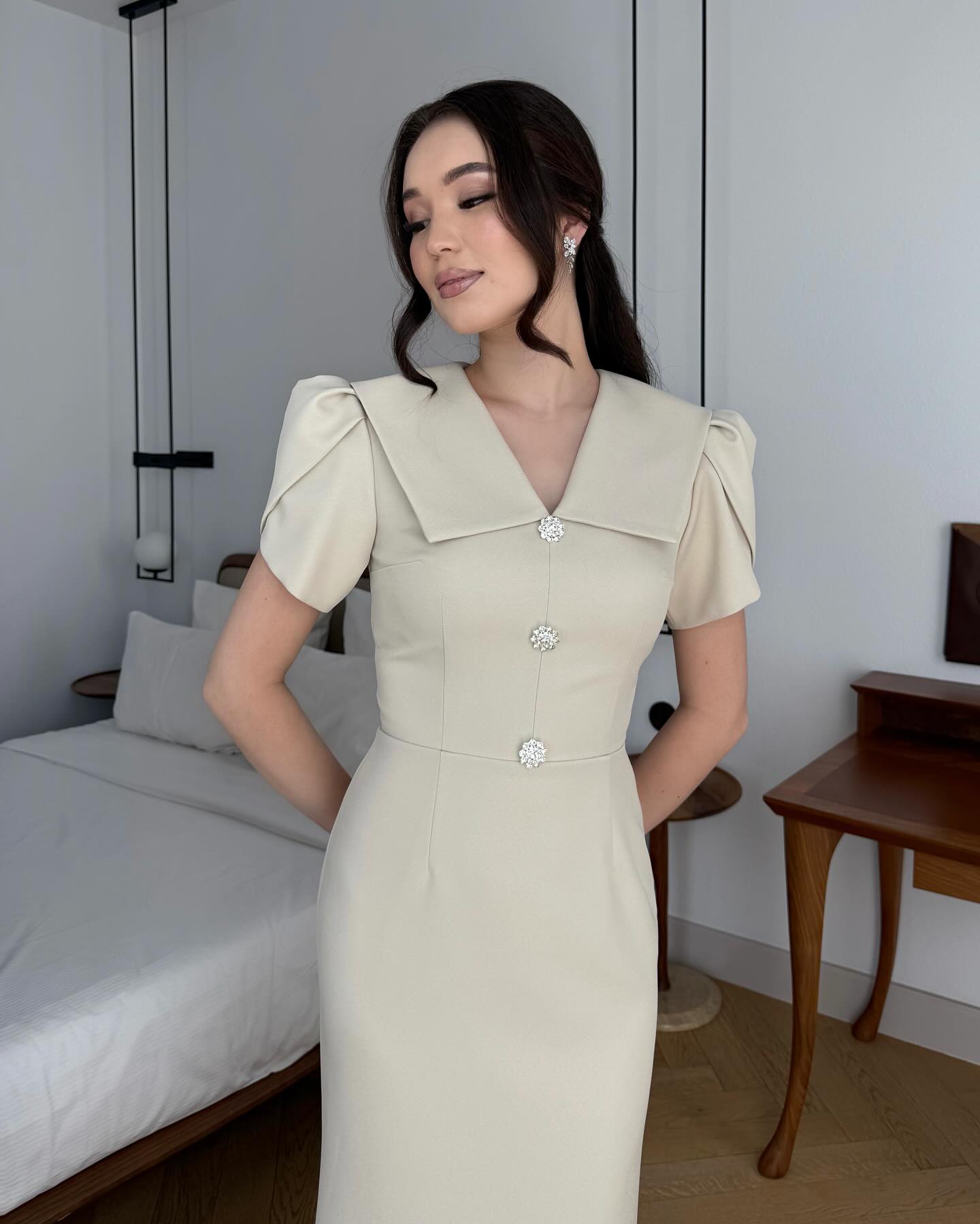 V-Neck Half Sleeve Button Mermaid Ankle-Length Evening Dress