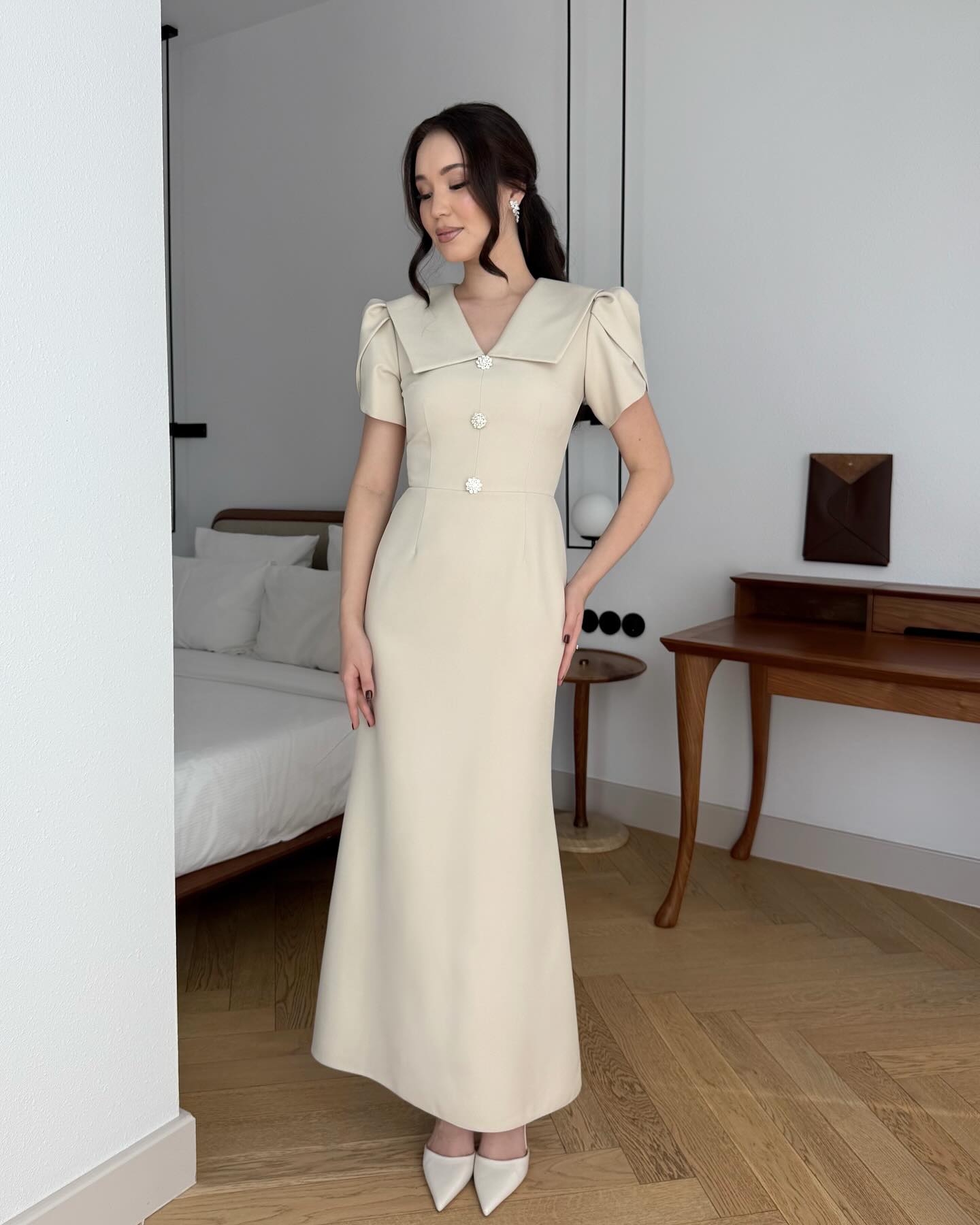 V-Neck Half Sleeve Button Mermaid Ankle-Length Evening Dress