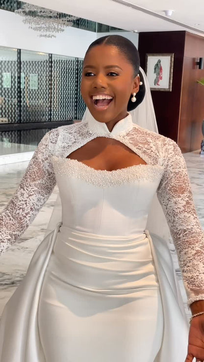 Lace Long Sleeve Mermaid Court Train Cutout Floor-Length Wedding Dress