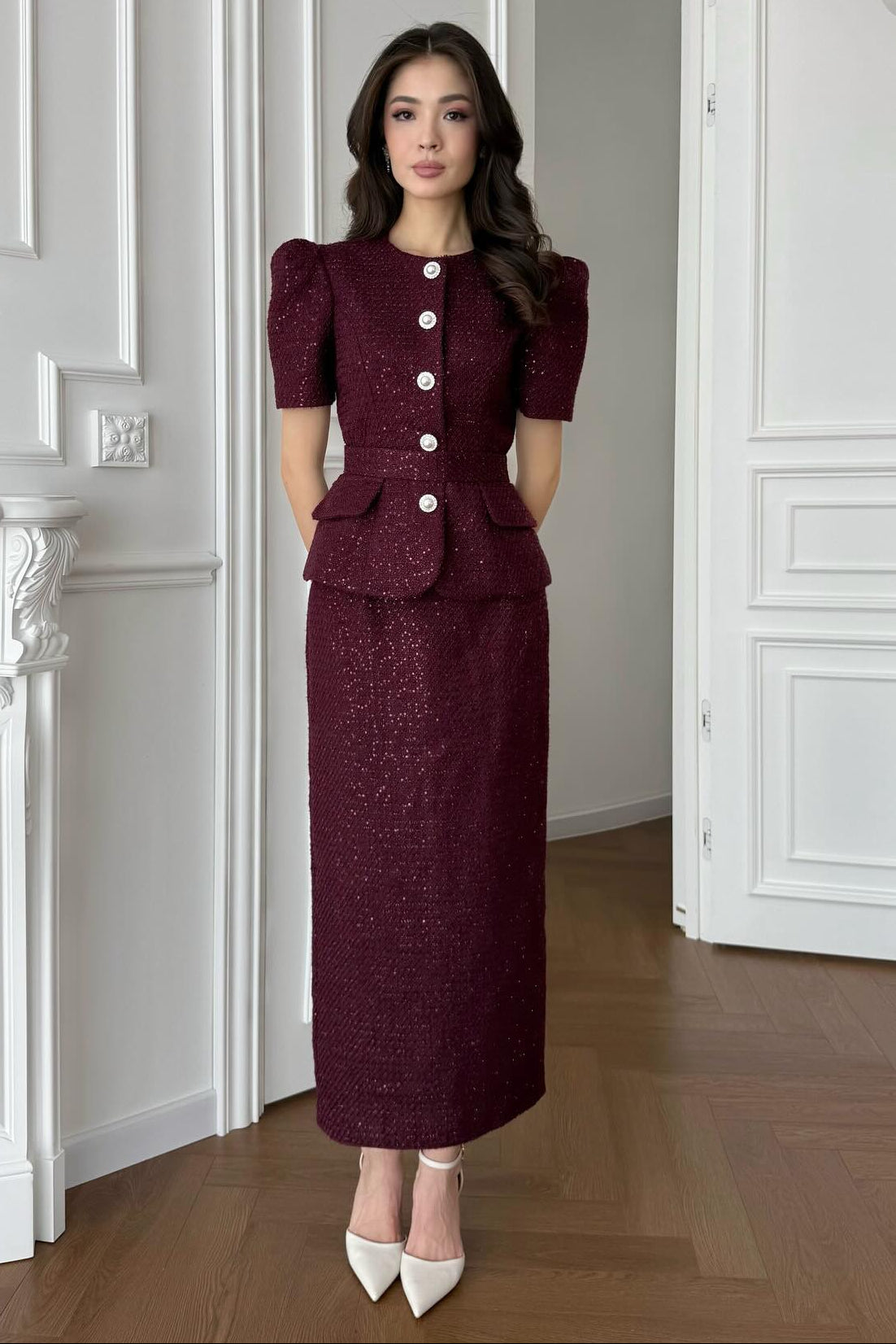 Half Sleeve Button Belt Mermaid Ankle-Length Evening Dress