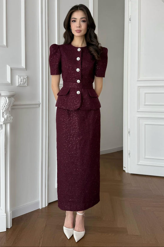 Half Sleeve Button Belt Mermaid Ankle-Length Evening Dress