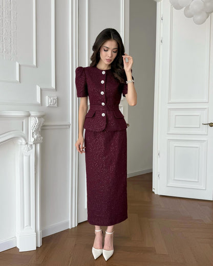 Half Sleeve Button Belt Mermaid Ankle-Length Evening Dress