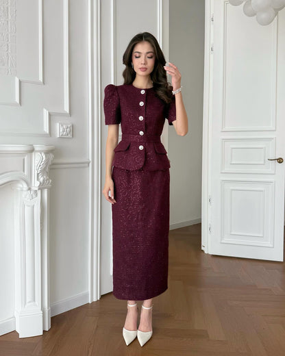 Half Sleeve Button Belt Mermaid Ankle-Length Evening Dress