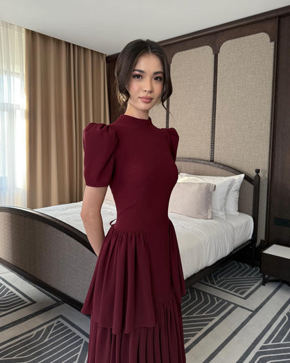 High Neck Half Sleeve A-Line Tassel Ruffles Evening Dress
