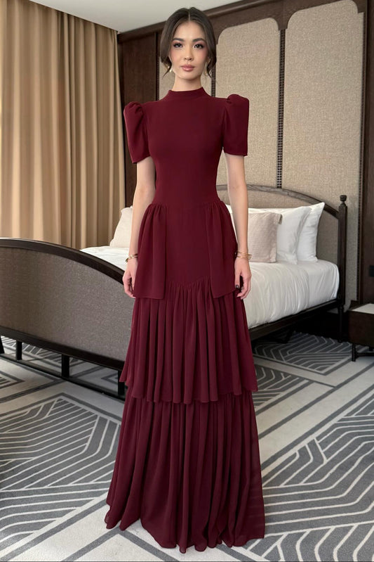 High Neck Half Sleeve A-Line Tassel Ruffles Evening Dress