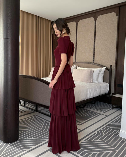 High Neck Half Sleeve A-Line Tassel Ruffles Evening Dress