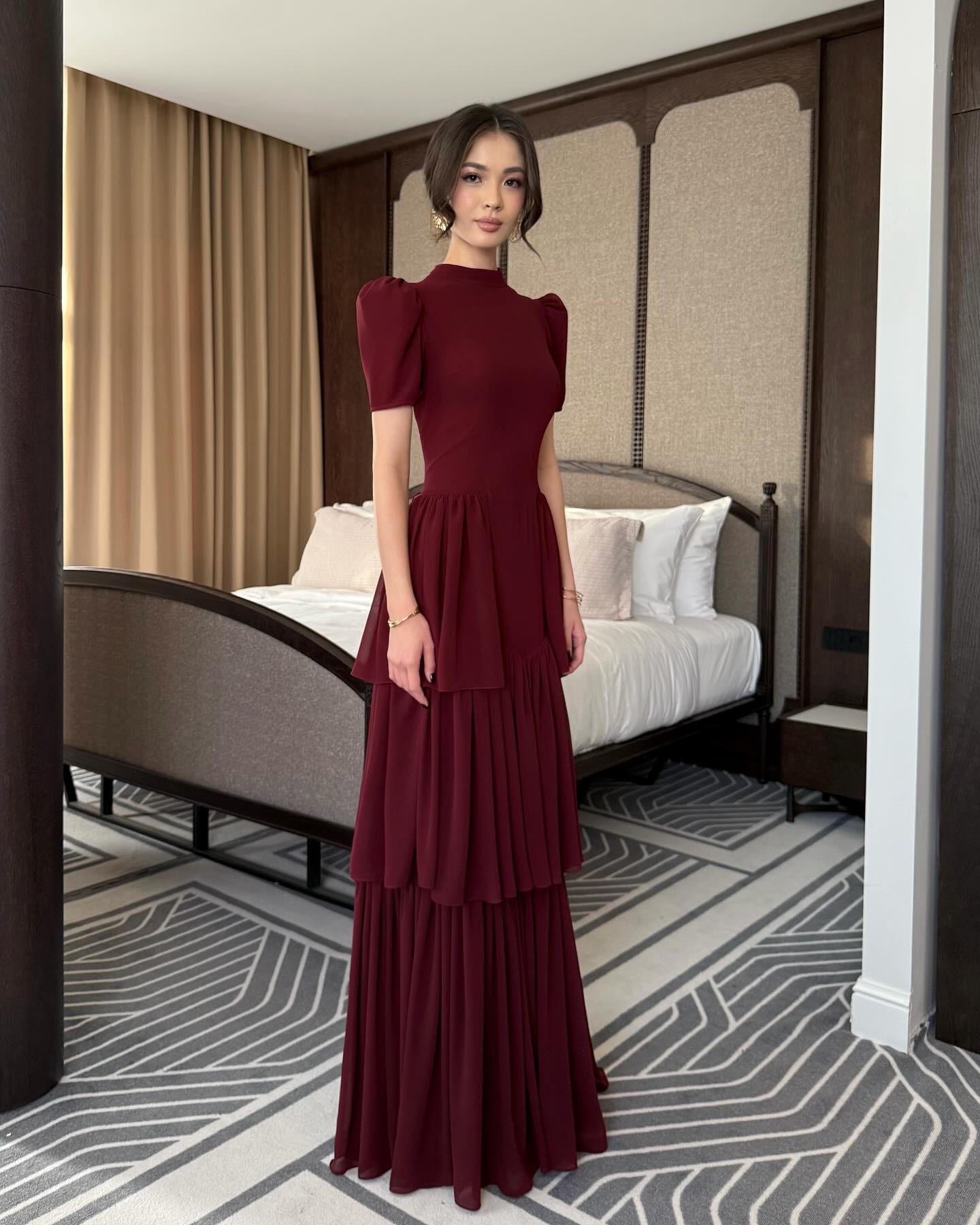 High Neck Half Sleeve A-Line Tassel Ruffles Evening Dress