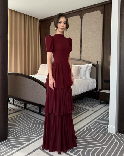 High Neck Half Sleeve A-Line Tassel Ruffles Evening Dress