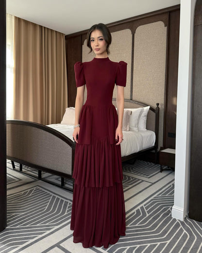 High Neck Half Sleeve A-Line Tassel Ruffles Evening Dress