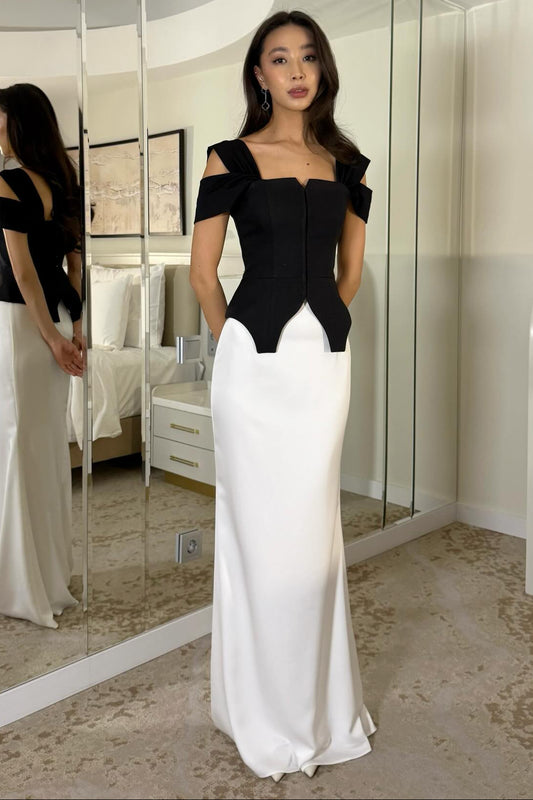 Black Sleeveless White Mermaid Floor-Length Evening Dress