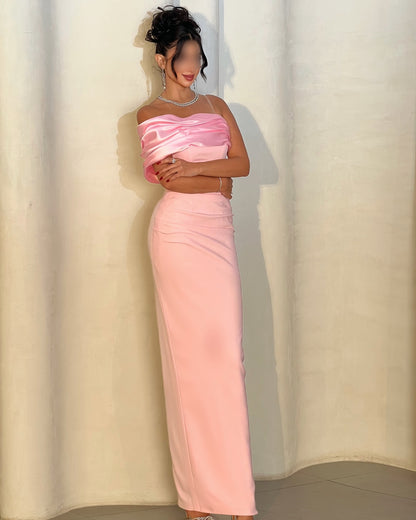 Pink Simple One Shoulder Sleeveless Mermaid Ankle-Length Evening Dress