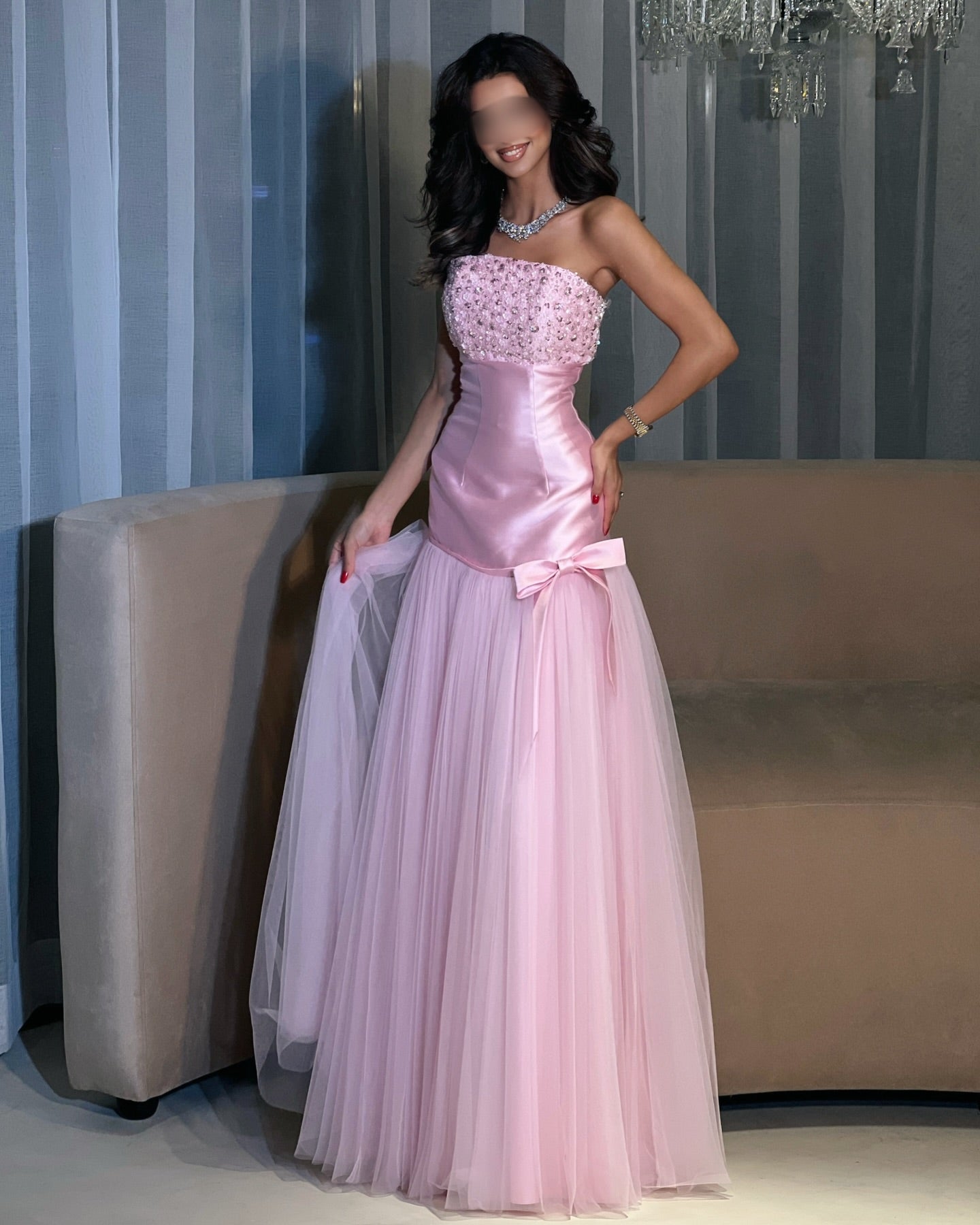 Pink Strapless Sequins Sparkle Sleeveless Bow Tulle Mermaid Evening Dress