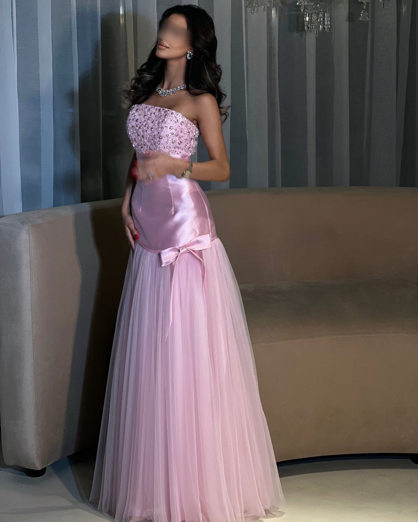 Pink Strapless Sequins Sparkle Sleeveless Bow Tulle Mermaid Evening Dress