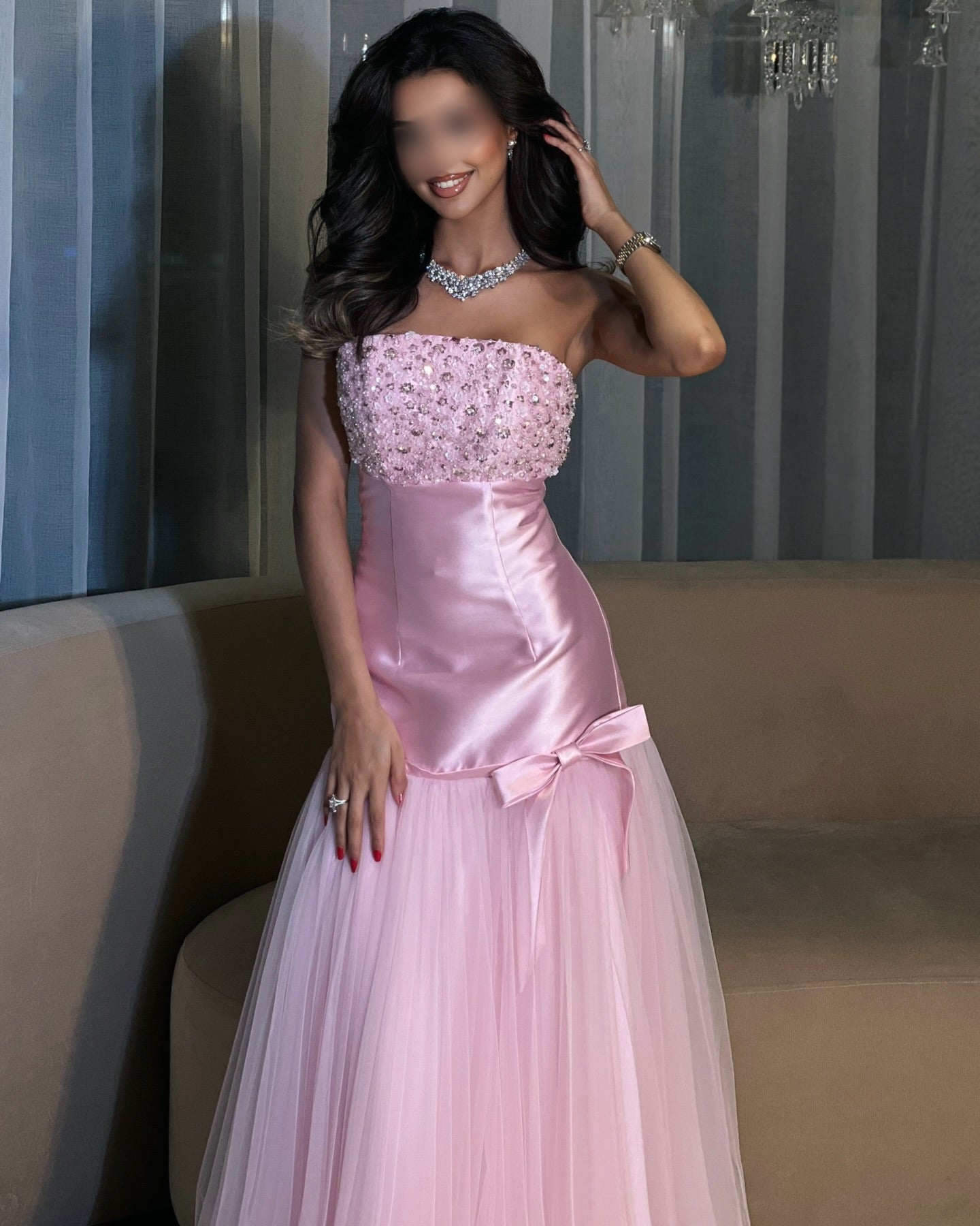 Pink Strapless Sequins Sparkle Sleeveless Bow Tulle Mermaid Evening Dress