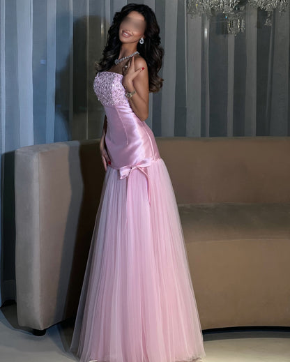 Pink Strapless Sequins Sparkle Sleeveless Bow Tulle Mermaid Evening Dress