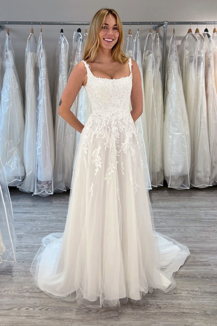 Lace Applique Spaghetti Straps A-Line Wedding Dress