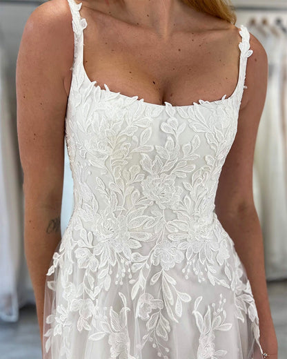 Lace Applique Spaghetti Straps A-Line Wedding Dress