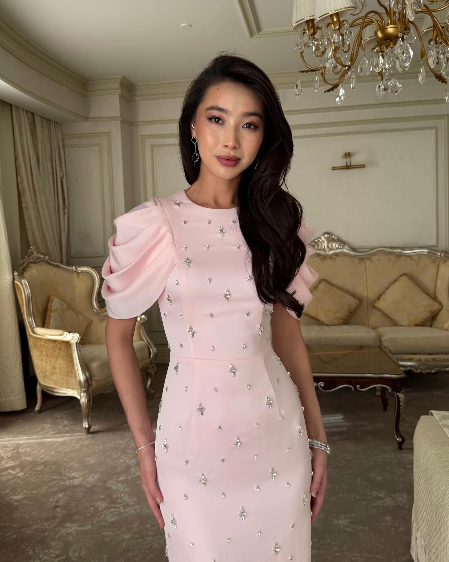 Pink Half Sleeve Beaded Sparkle Mermaid Ankle-Length Evening Dress