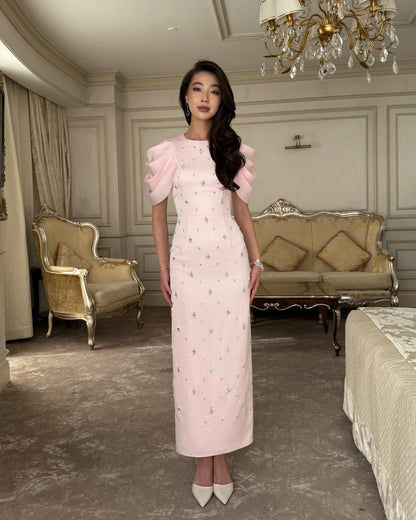 Pink Half Sleeve Beaded Sparkle Mermaid Ankle-Length Evening Dress