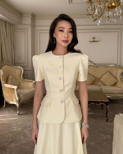 Yellow Half Sleeve Button A-Line Ankle-Length Evening Dress