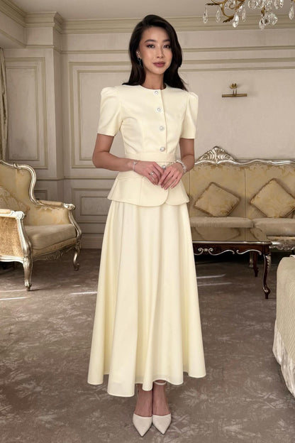 Yellow Half Sleeve Button A-Line Ankle-Length Evening Dress