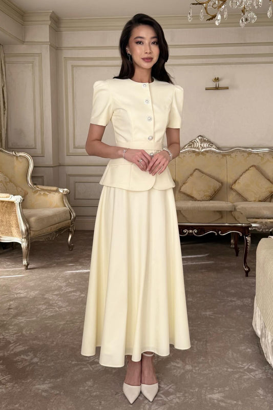 Yellow Half Sleeve Button A-Line Ankle-Length Evening Dress