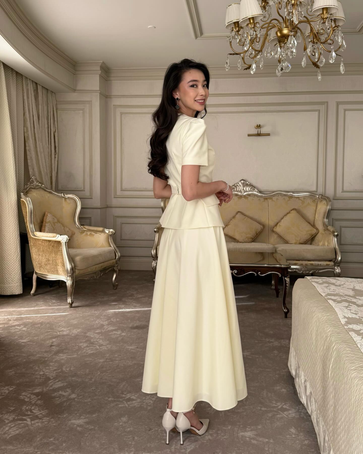 Yellow Half Sleeve Button A-Line Ankle-Length Evening Dress