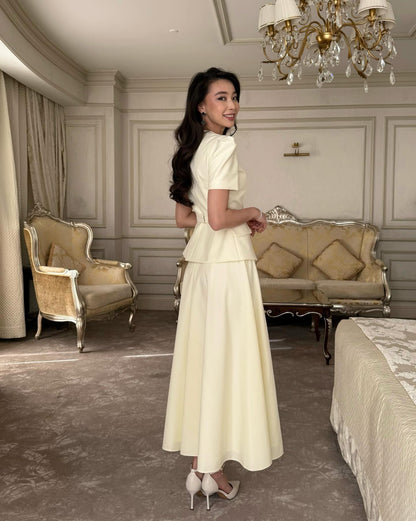 Yellow Half Sleeve Button A-Line Ankle-Length Evening Dress