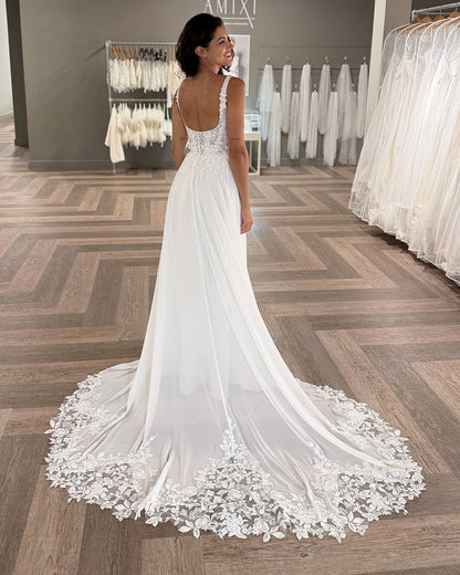 Spaghetti Straps Lace Sleeveless Backless A-Line Floor-Length Wedding Dress