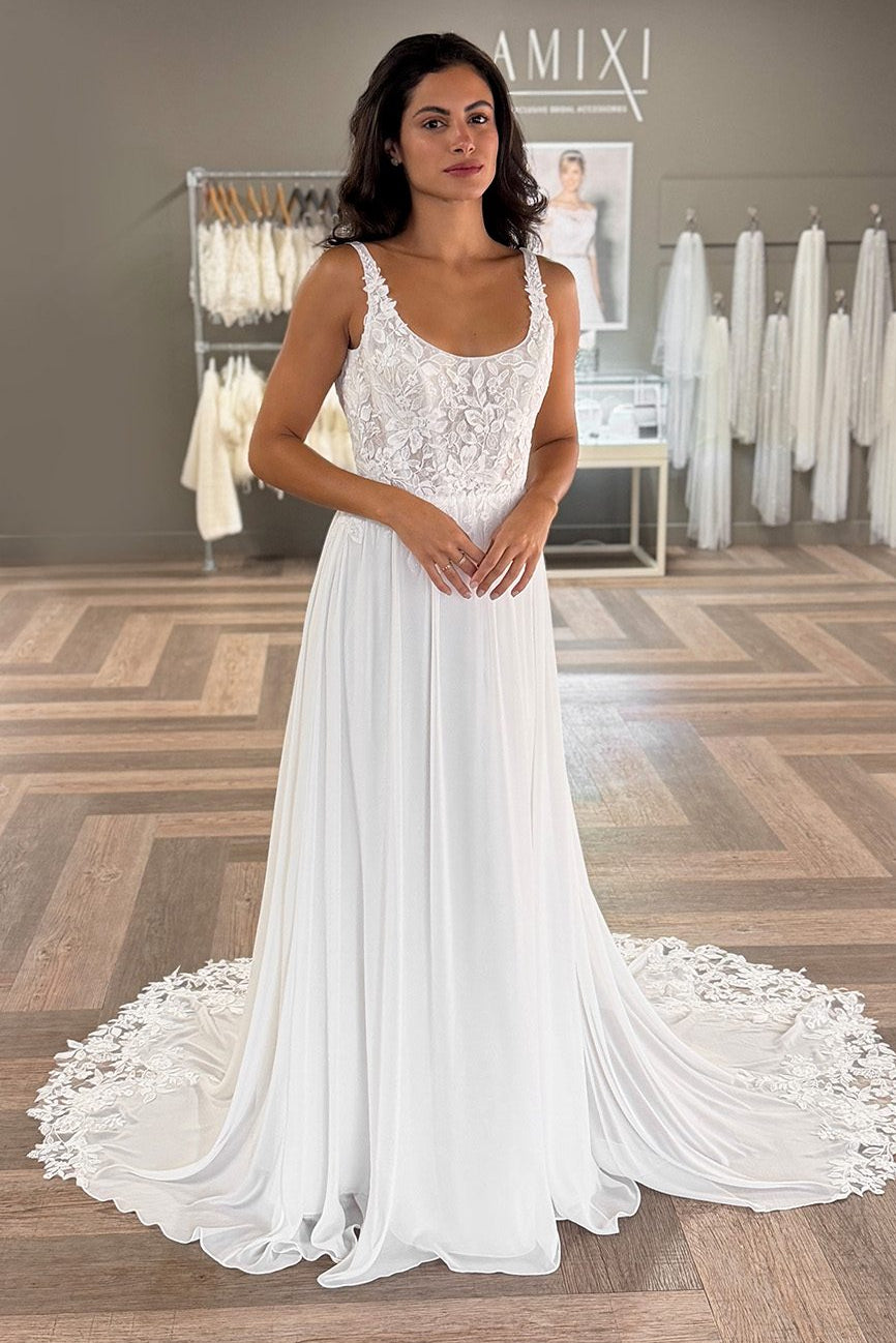 Spaghetti Straps Lace Sleeveless Backless A-Line Floor-Length Wedding Dress