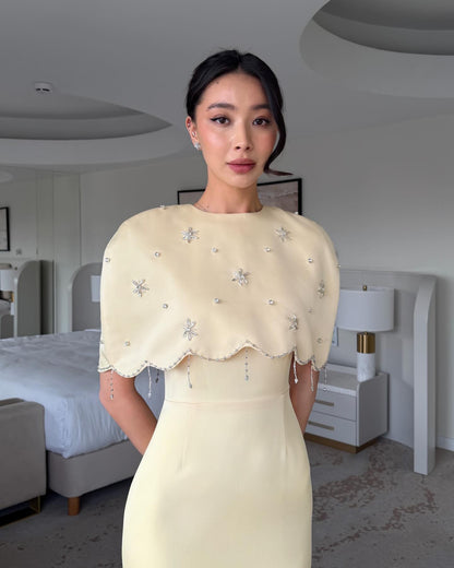 Yellow Beaded Shawl Sleeveless Mermaid Floor-Length Evening Dress