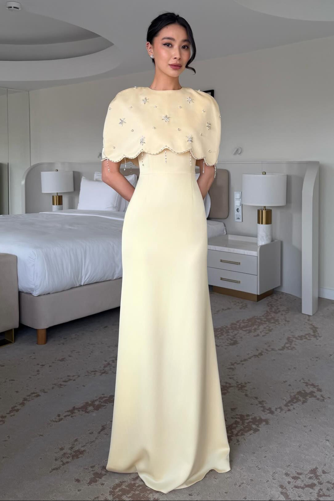 Yellow Beaded Shawl Sleeveless Mermaid Floor-Length Evening Dress