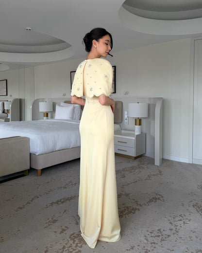 Yellow Beaded Shawl Sleeveless Mermaid Floor-Length Evening Dress