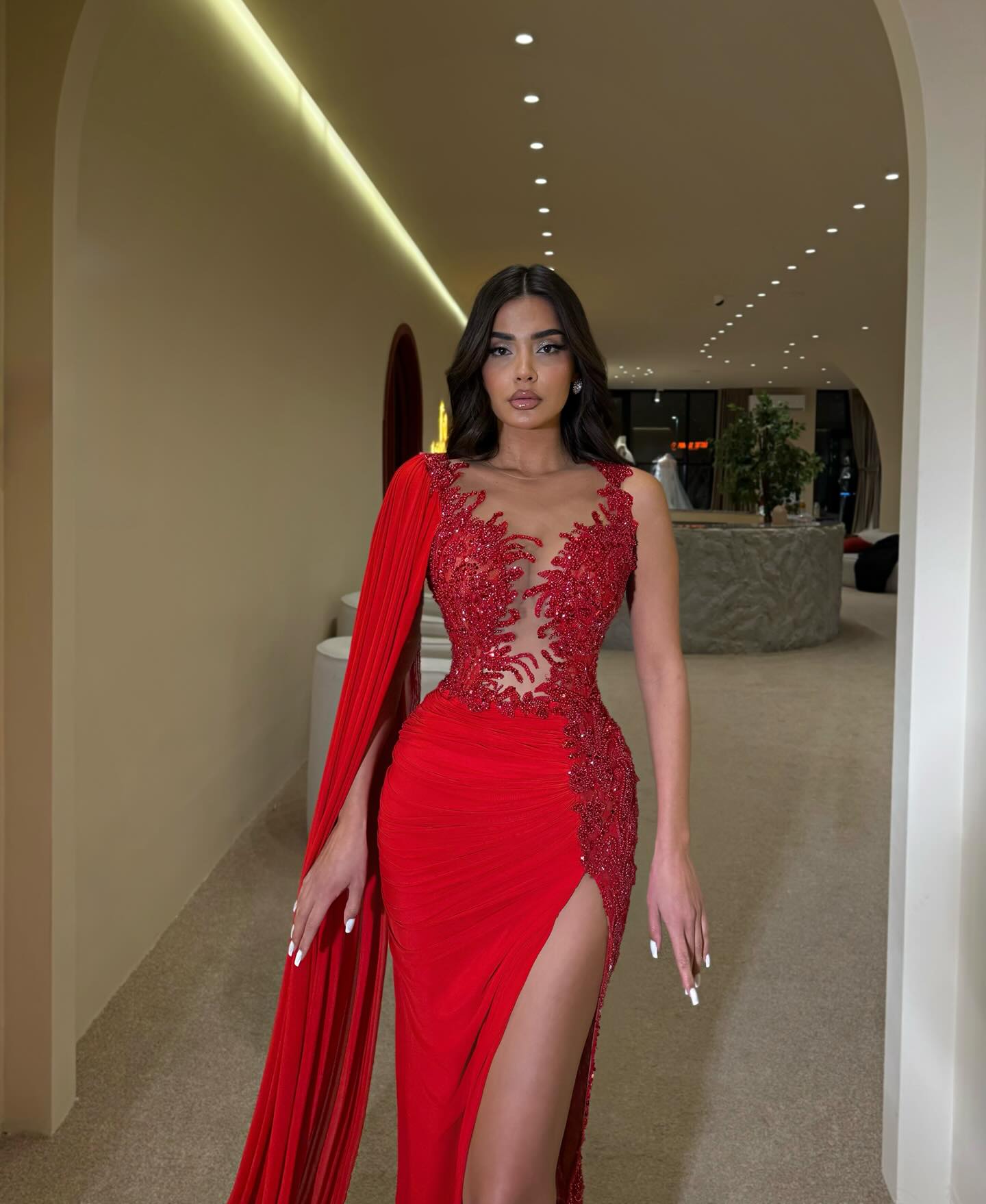 One Shoulder Cape Sleeve Applique Mermaid Side Slit Evening Dress