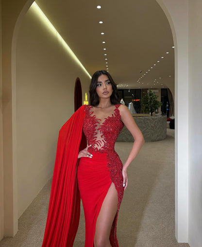 One Shoulder Cape Sleeve Applique Mermaid Side Slit Evening Dress