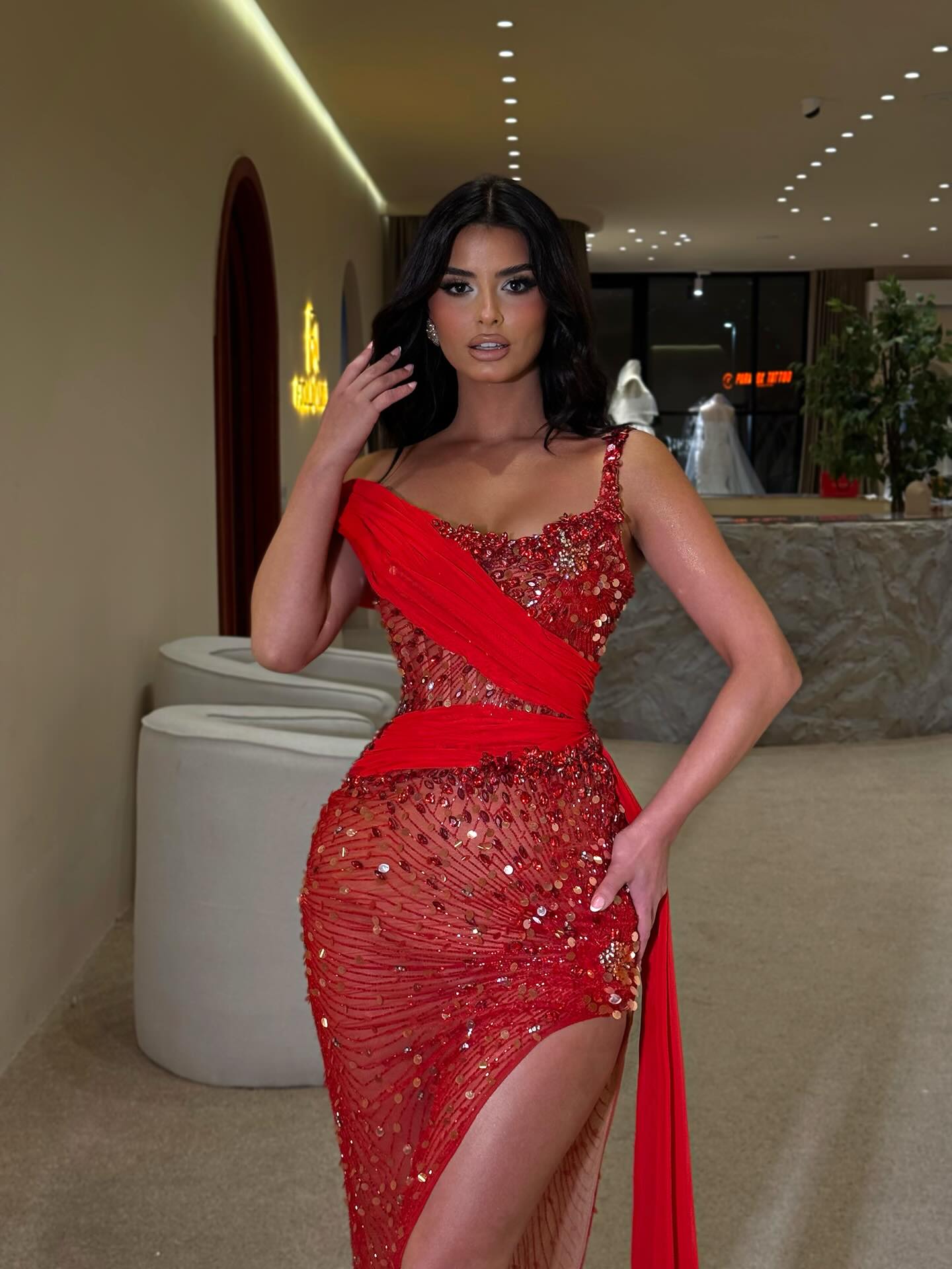 One Shoulder Cape Sleeve Applique Mermaid Side Slit Evening Dress