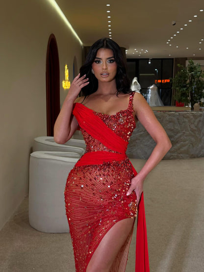 One Shoulder Cape Sleeve Applique Mermaid Side Slit Evening Dress