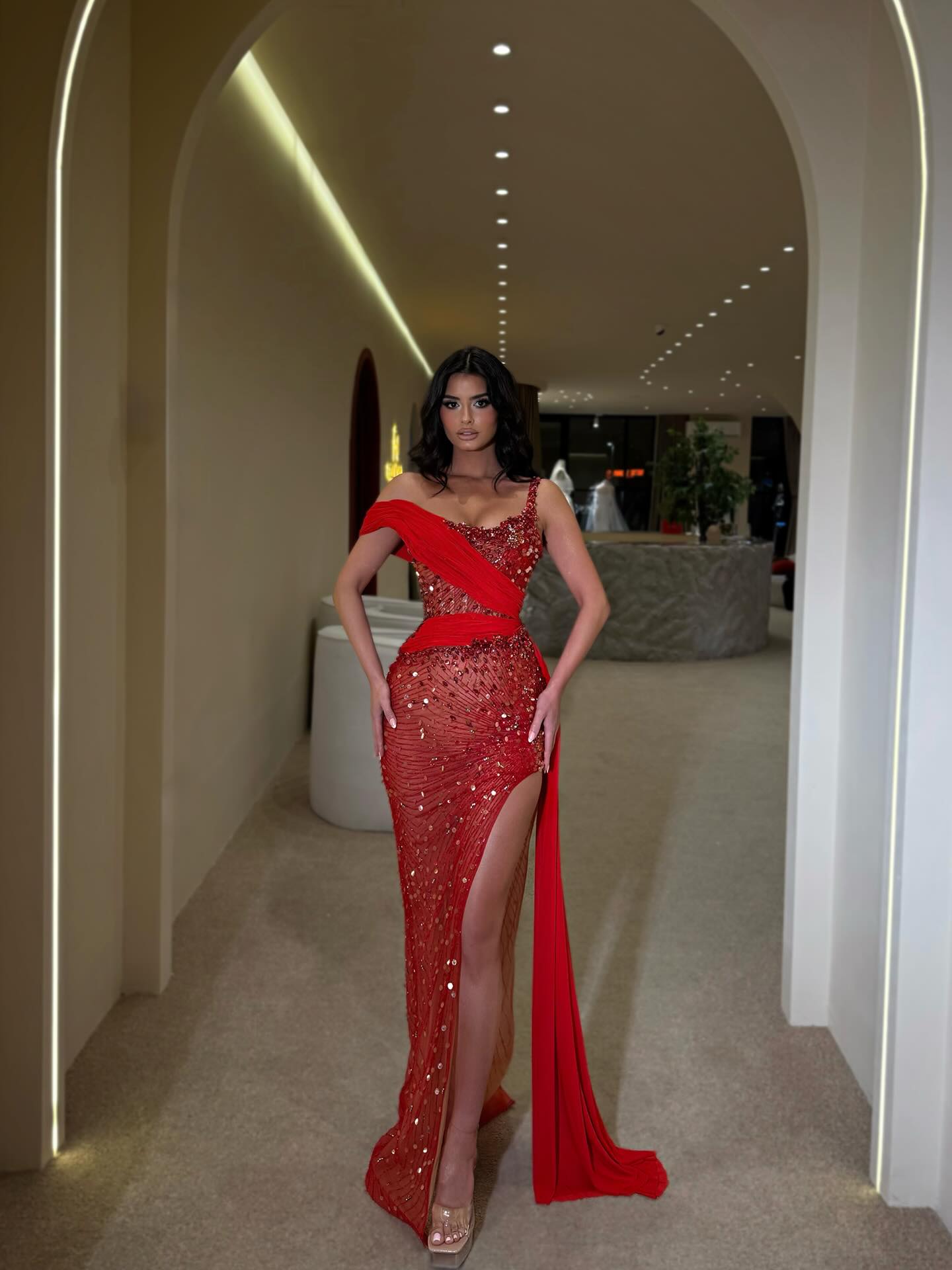 One Shoulder Cape Sleeve Applique Mermaid Side Slit Evening Dress