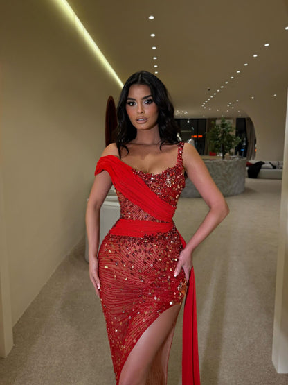One Shoulder Cape Sleeve Applique Mermaid Side Slit Evening Dress