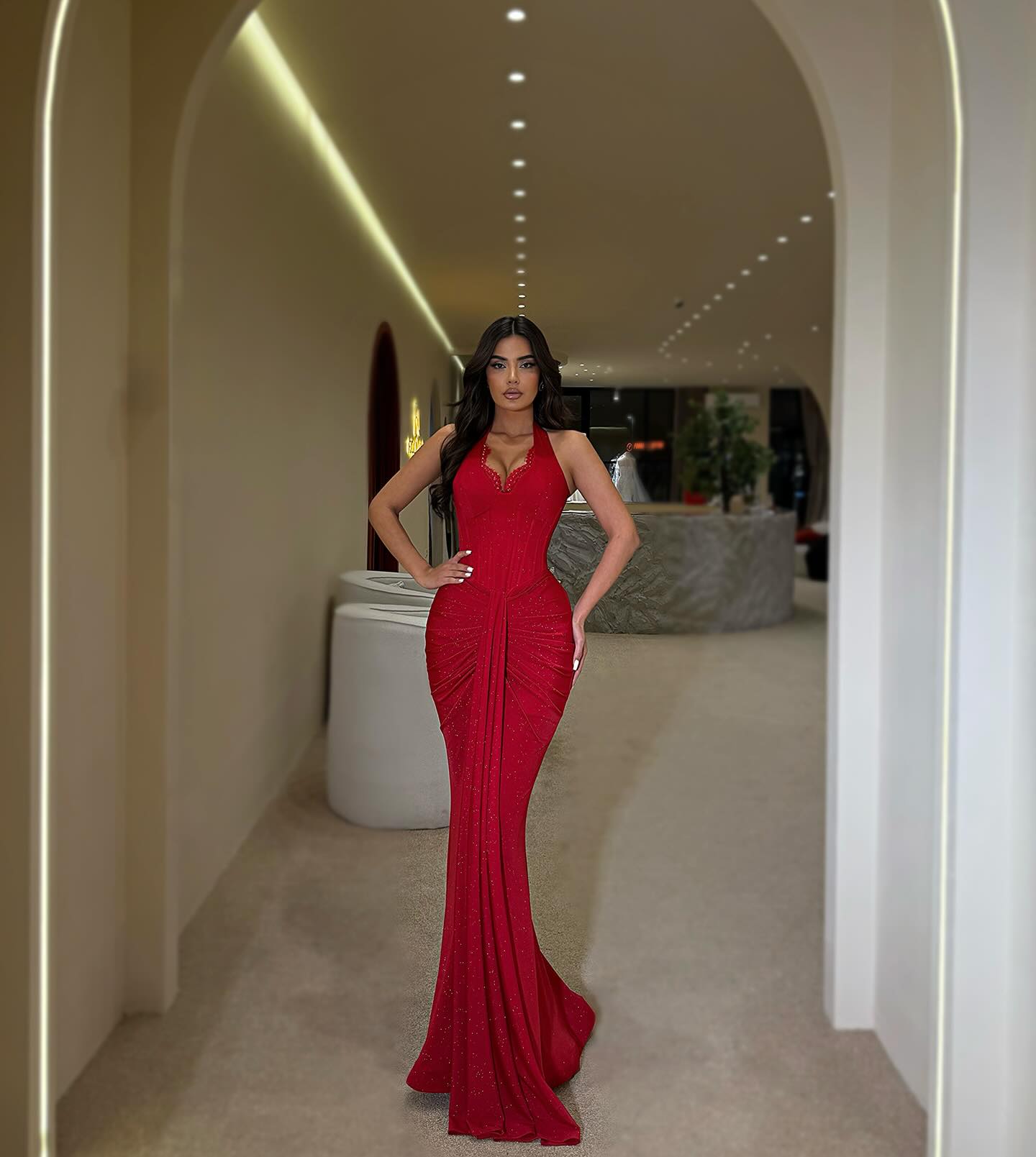 Red Halter Sleeveless Sequins Mermaid Floor-Length Prom Dress