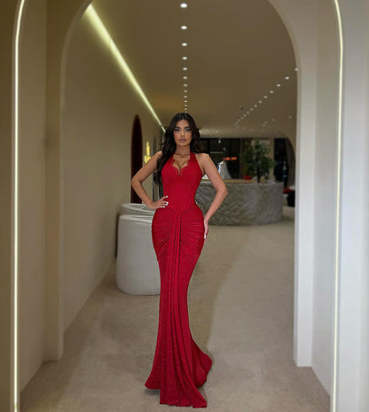Red Halter Sleeveless Sequins Mermaid Floor-Length Prom Dress