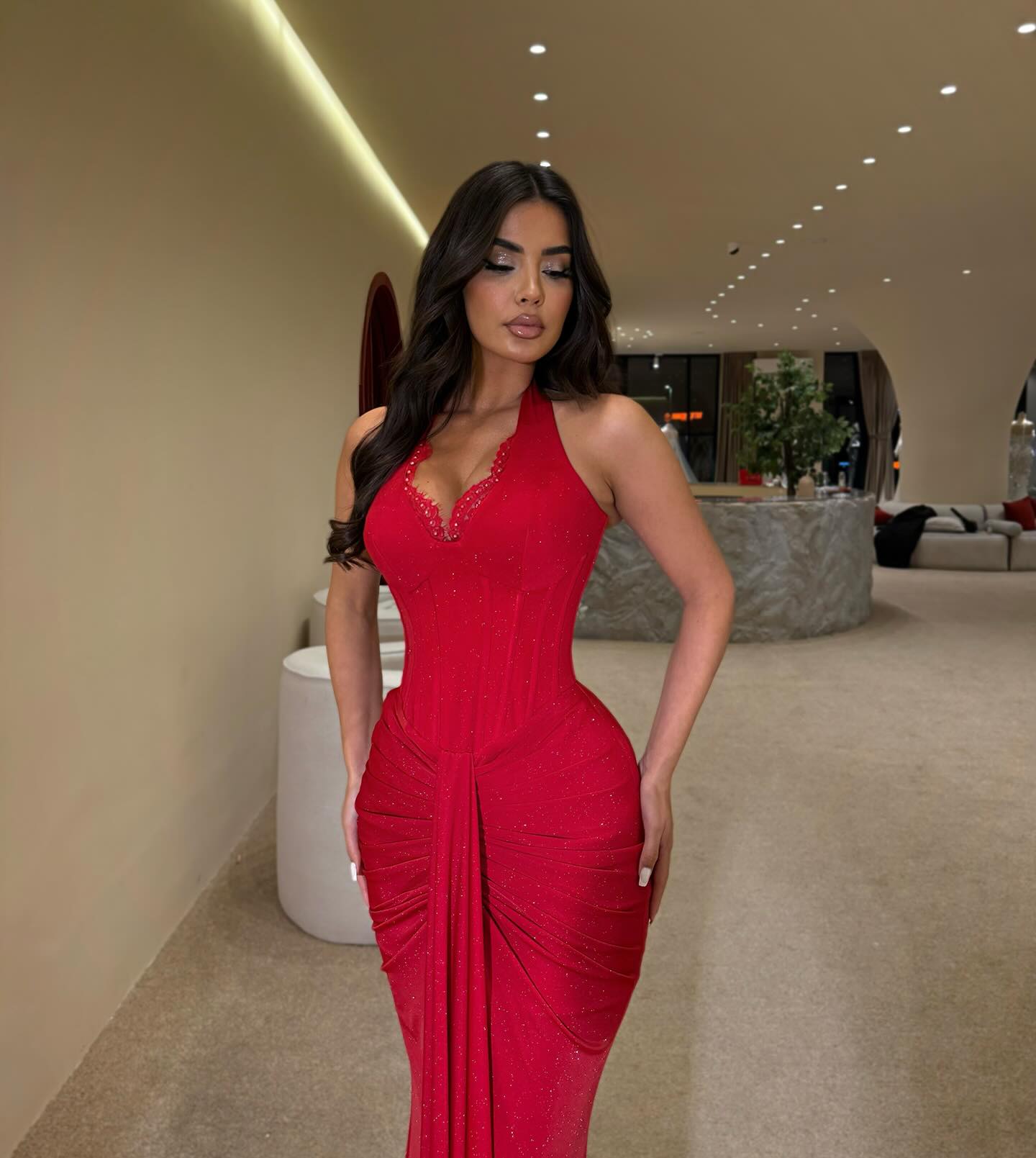 Red Halter Sleeveless Sequins Mermaid Floor-Length Prom Dress